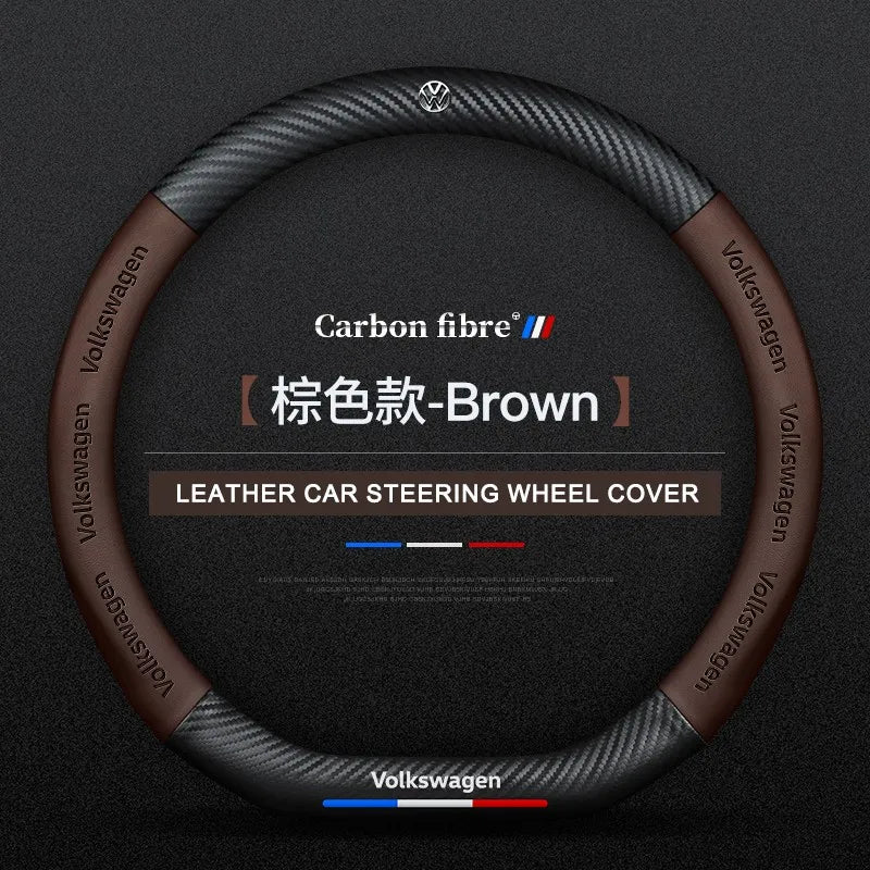 Carbon fiber genuine leather car steering wheel cover for Volkswagen