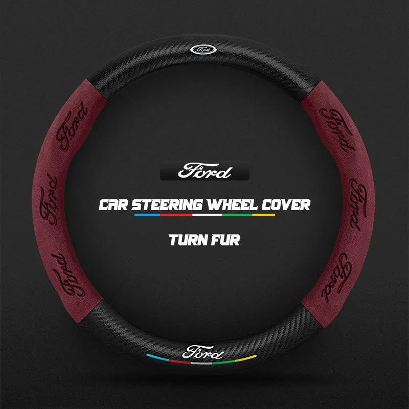 Car steering wheel cover in carbon fiber suede style suitable for Ford