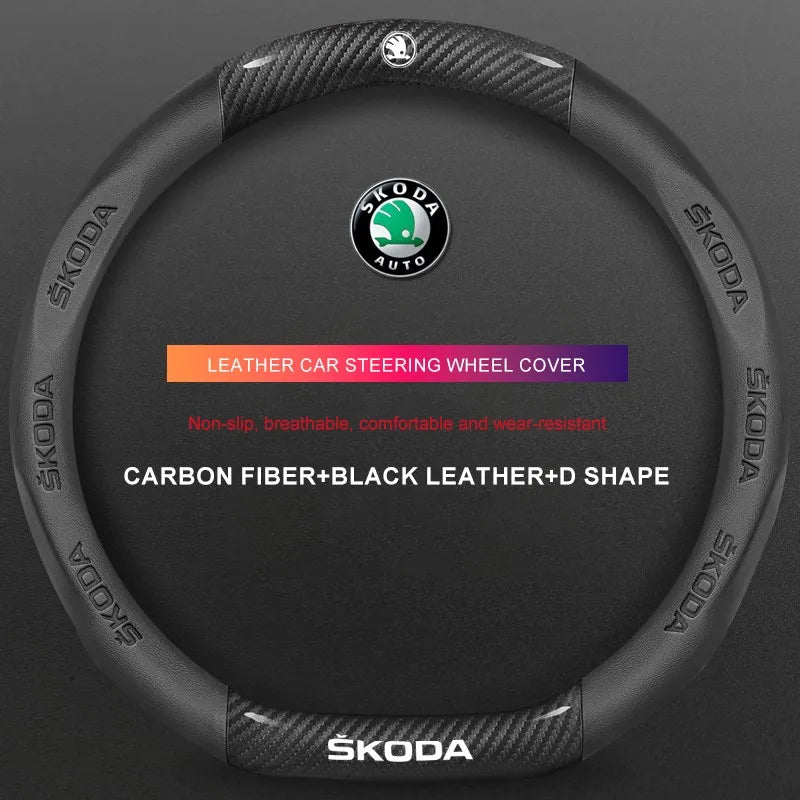 3D Embossed Genuine Leather Steering Wheel Cover For Skoda