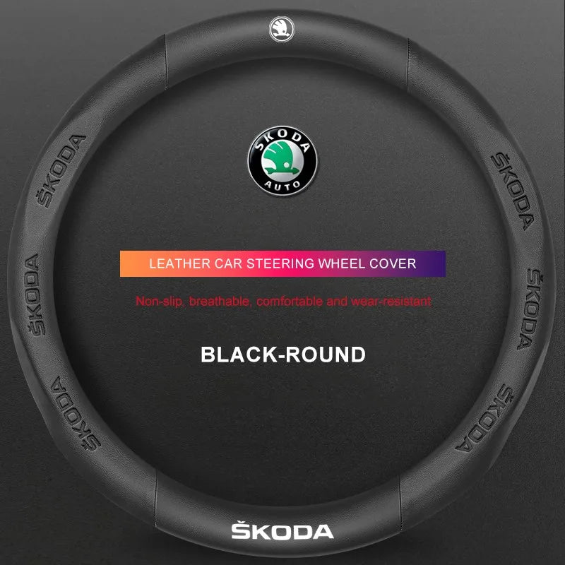 3D Embossed Genuine Leather Steering Wheel Cover For Skoda