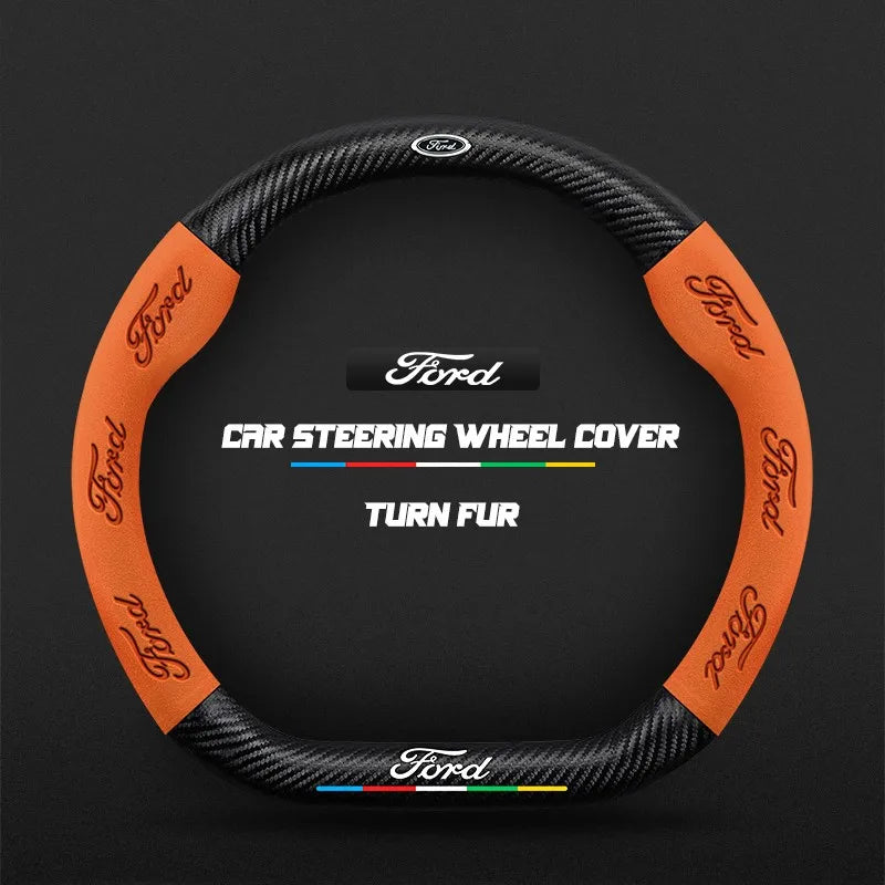 Car steering wheel cover in carbon fiber suede style suitable for Ford