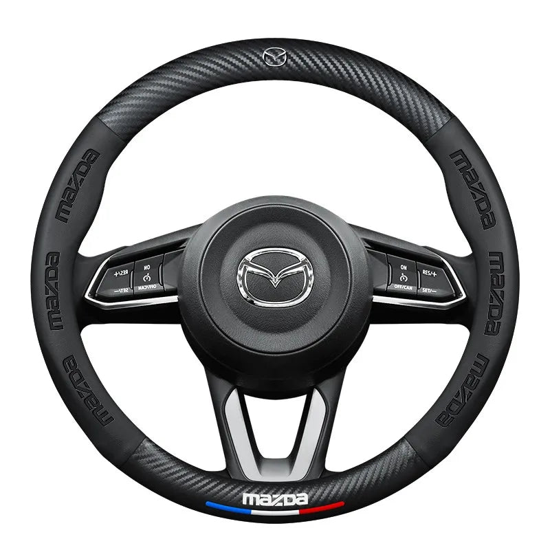 Carbon fiber genuine leather car steering wheel cover for Mazda