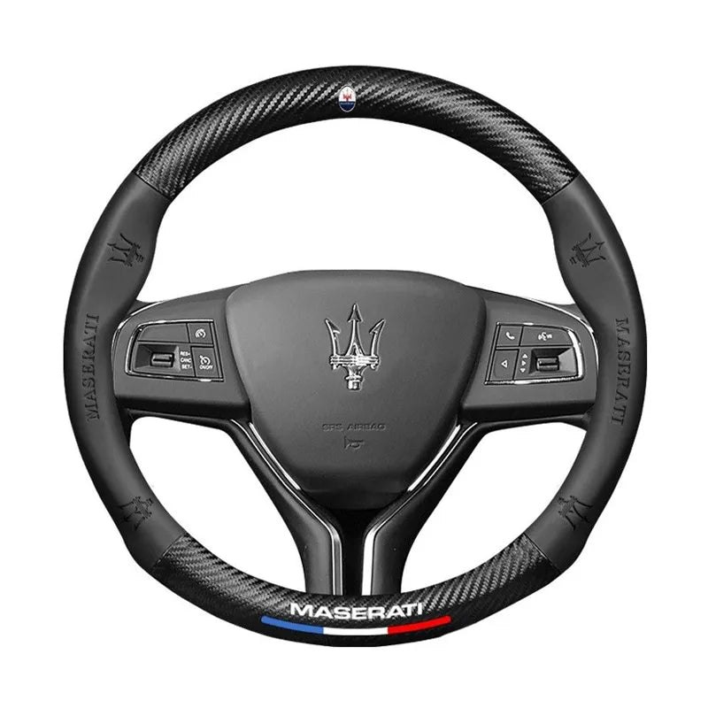 Carbon fiber genuine leather car steering wheel cover for Maserati