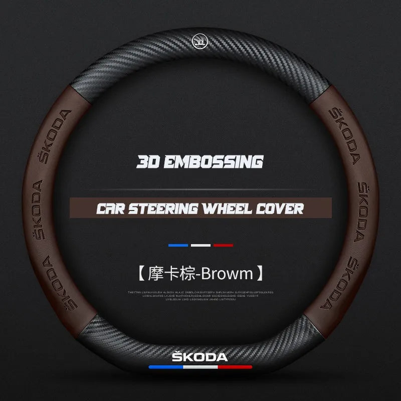 Carbon fiber genuine leather car steering wheel cover for Skoda