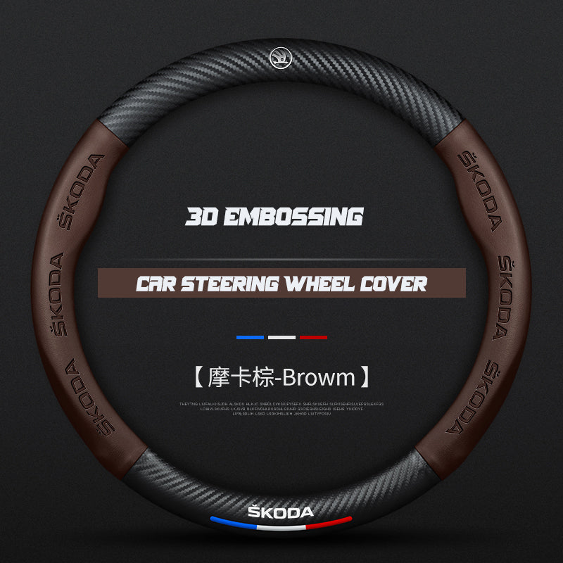 Skoda Steering Wheel Cover – Fits 37.5–38.5 cm (14.76–15.16 in), Genuine Leather, Anti-Slip